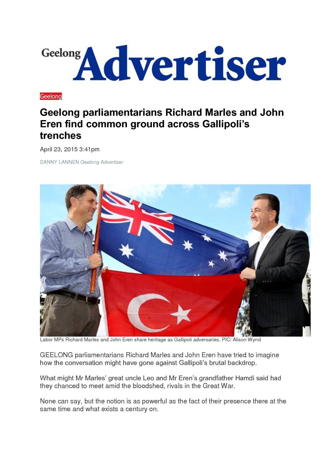 15.04.23 Marles Eren Gallipoli – Geelong Advertiser