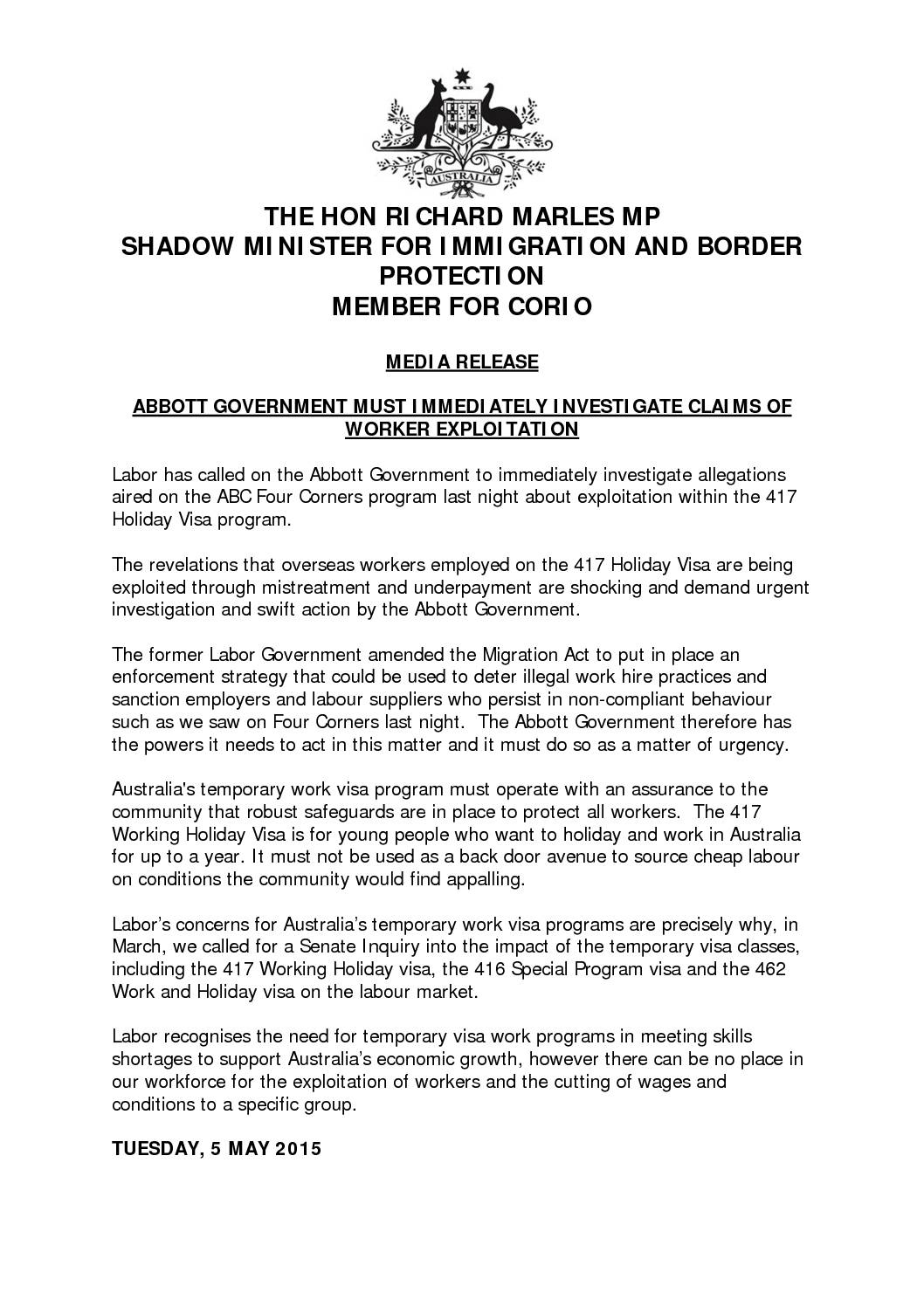 15.05.05 RICHARD MARLES MEDIA RELEASE ABBOTT GOVT MUST INVESTIGATE WORKER EXPLOITATION (1)
