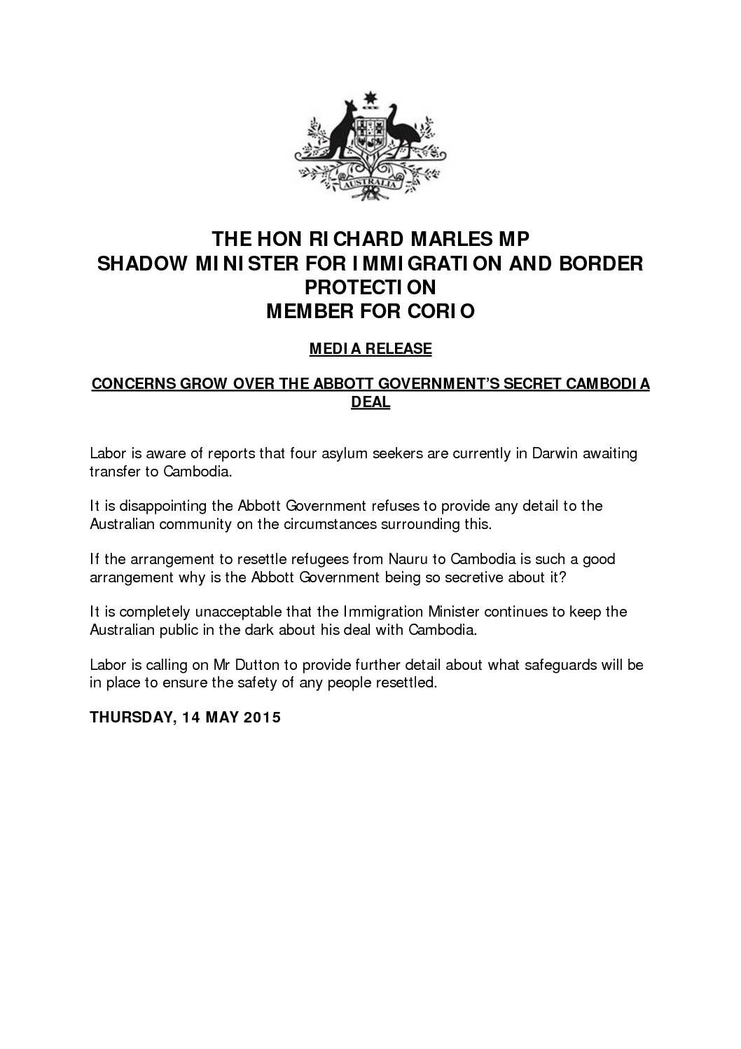 15.05.14 RICHARD MARLES MEDIA RELEASE CONCERNS GROW OVER ABBOTT GOVT CAMBODIA DEAL (1)