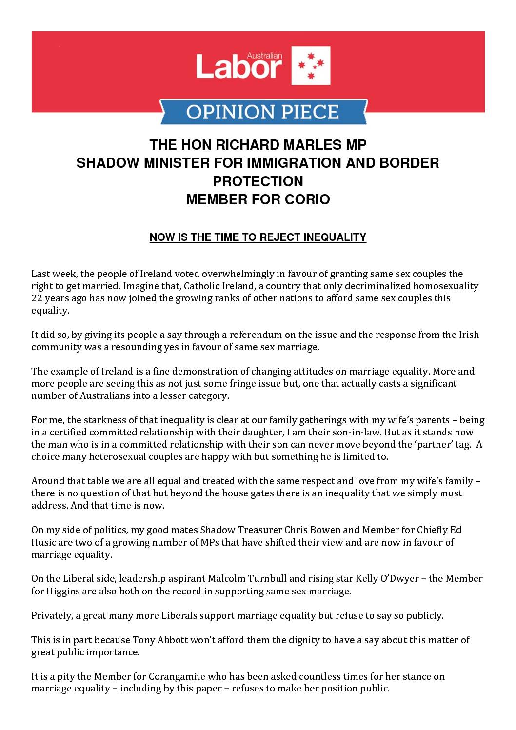 15.05.28 RICHARD MARLES OPINION PIECE_NOW IS THE TIME TO REJECT INEQUALITY