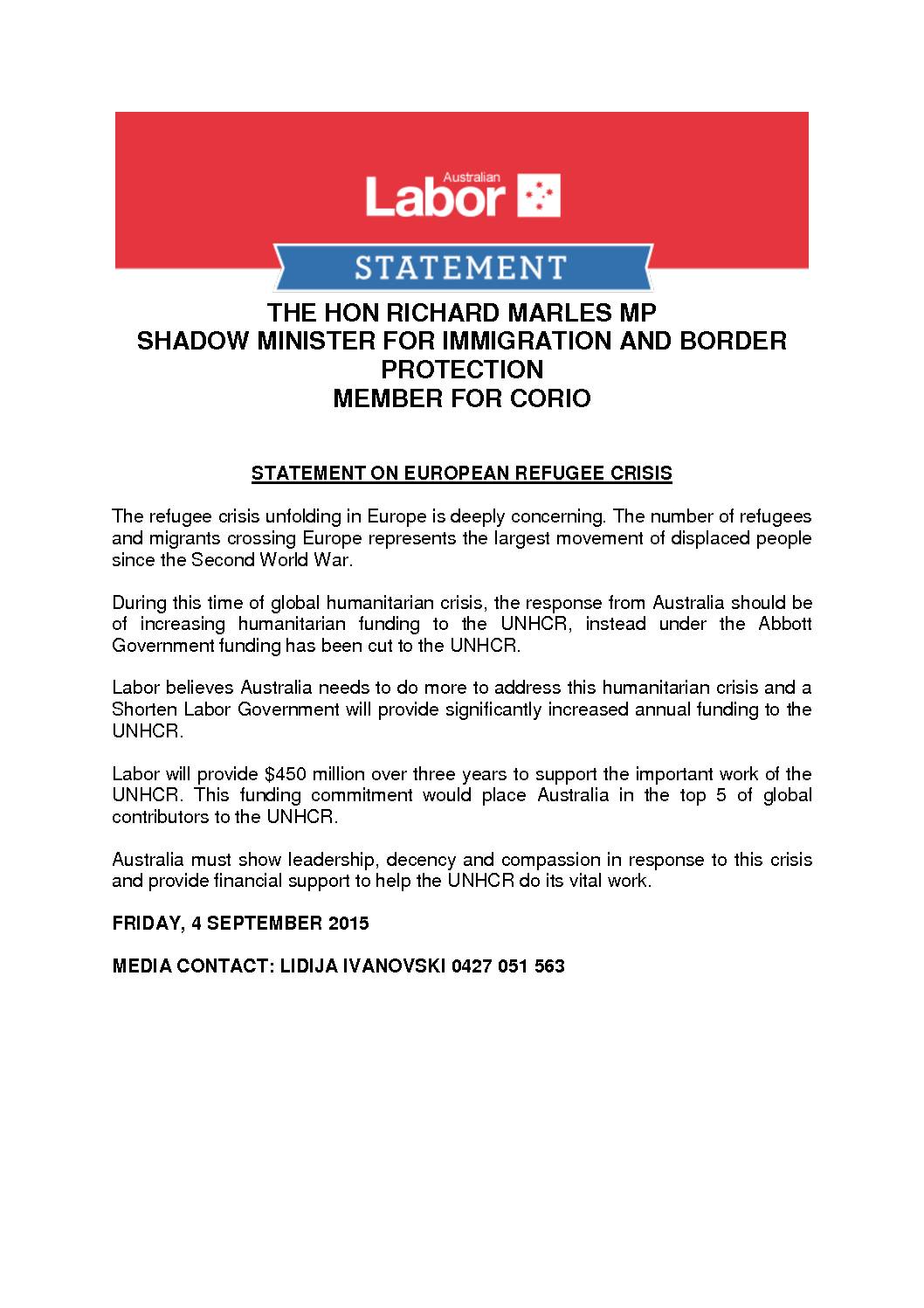 15.09.04 RICHARD MARLES STATEMENT