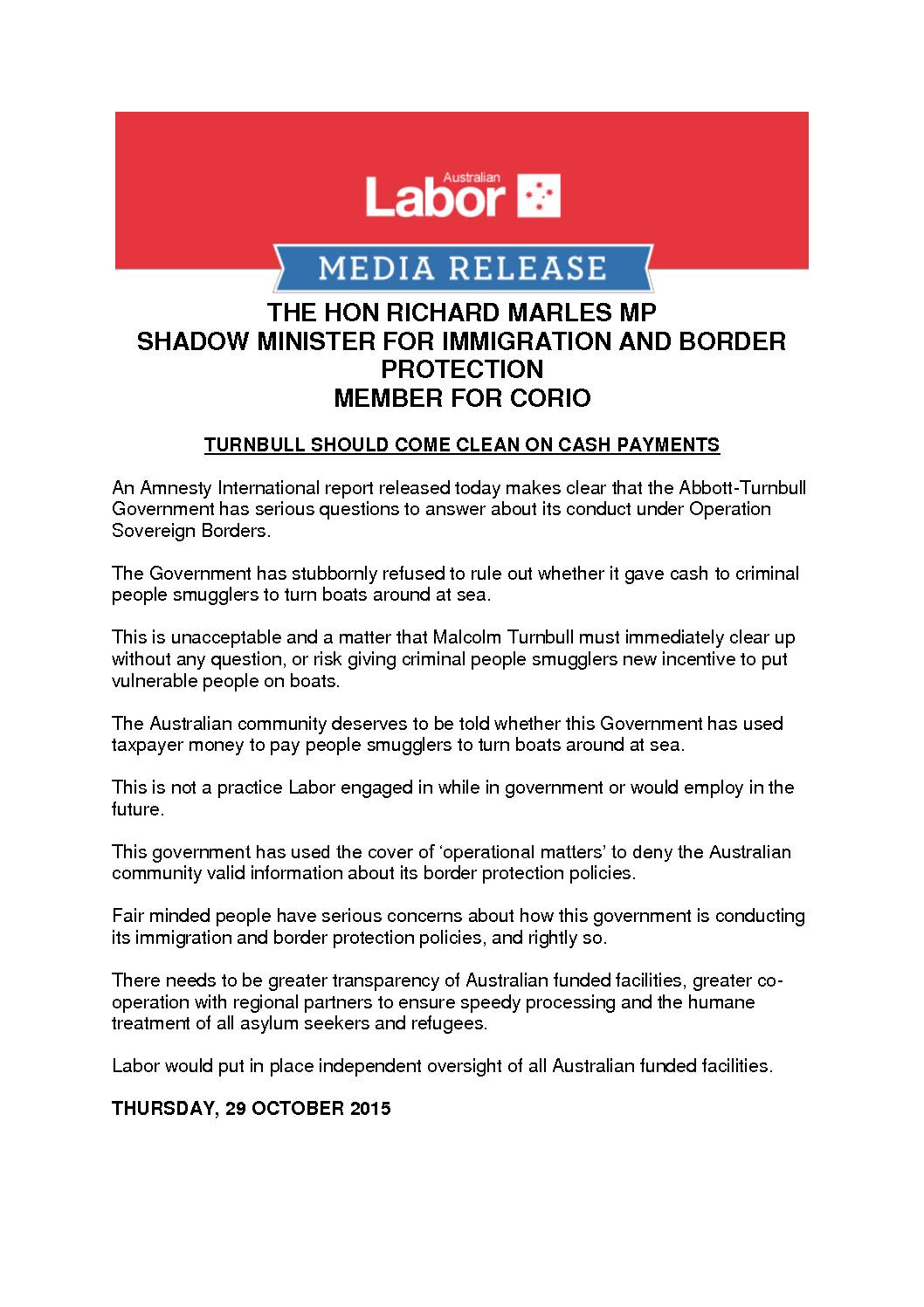 15.10.29 – Media Release – Turnbull Should Come Clean on Cash Payments