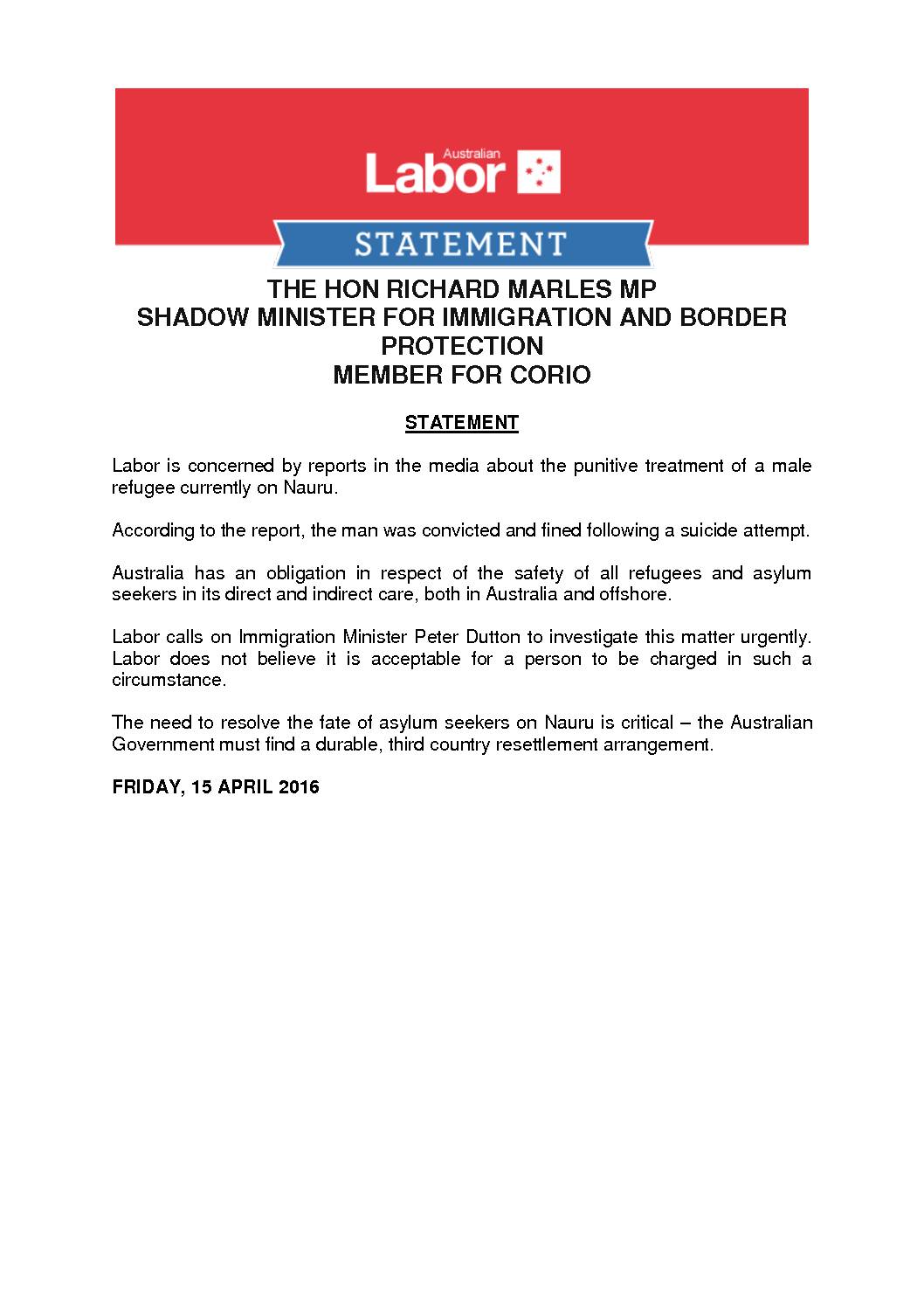 16.04.15 RICHARD MARLES STATEMENT MALE REFUGEE (1)