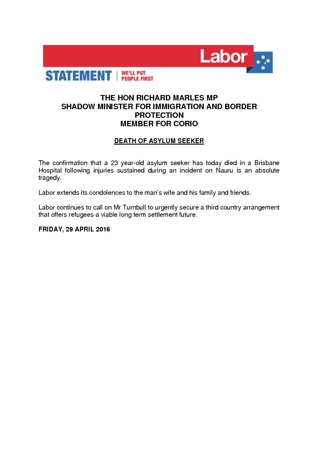 16.04.29 RICHARD MARLES STATEMENT DEATH OF ASYLUM SEEKER (1)