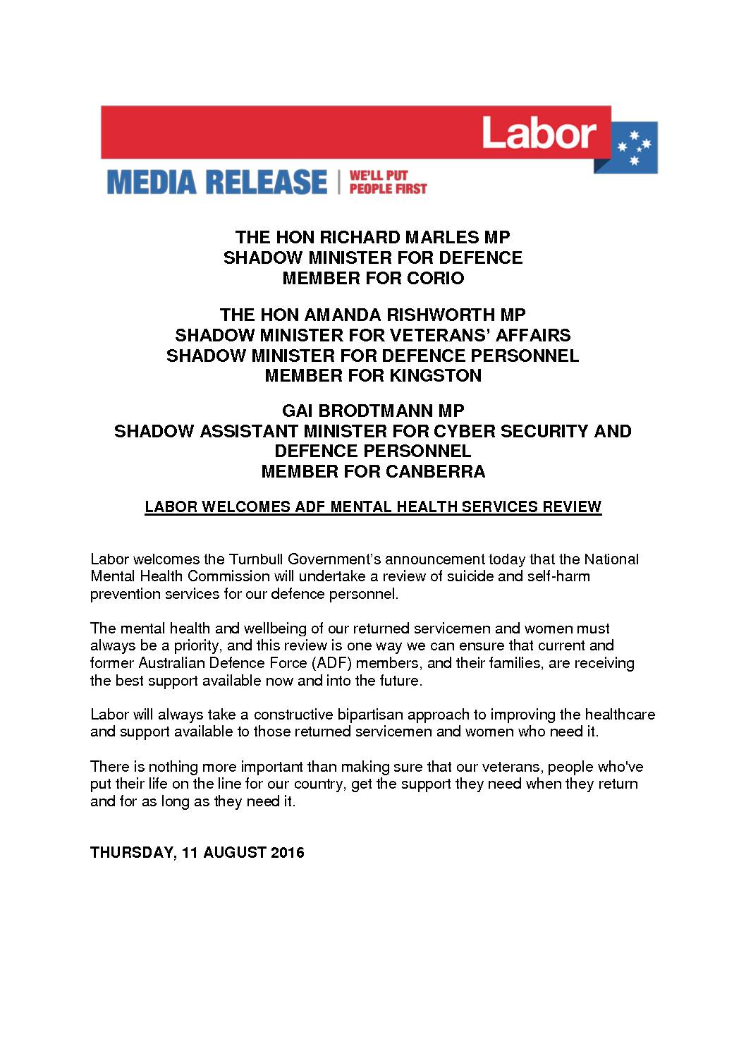 16.08.11 LABOR WELCOMES ADF MENTAL HEALTH SERVICES REVIEW