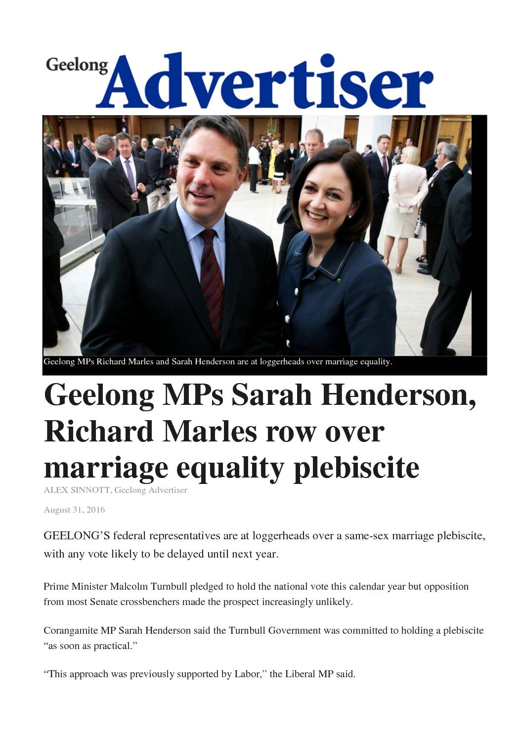 16.09.05 Geelong MP’s row over Marraige equality Plebisite