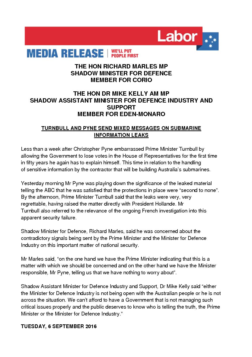 16.09.06 TURNBULL AND PYNE SEND MIXED MESSAGES ON SUBMARINE INFORMATION LEAKS