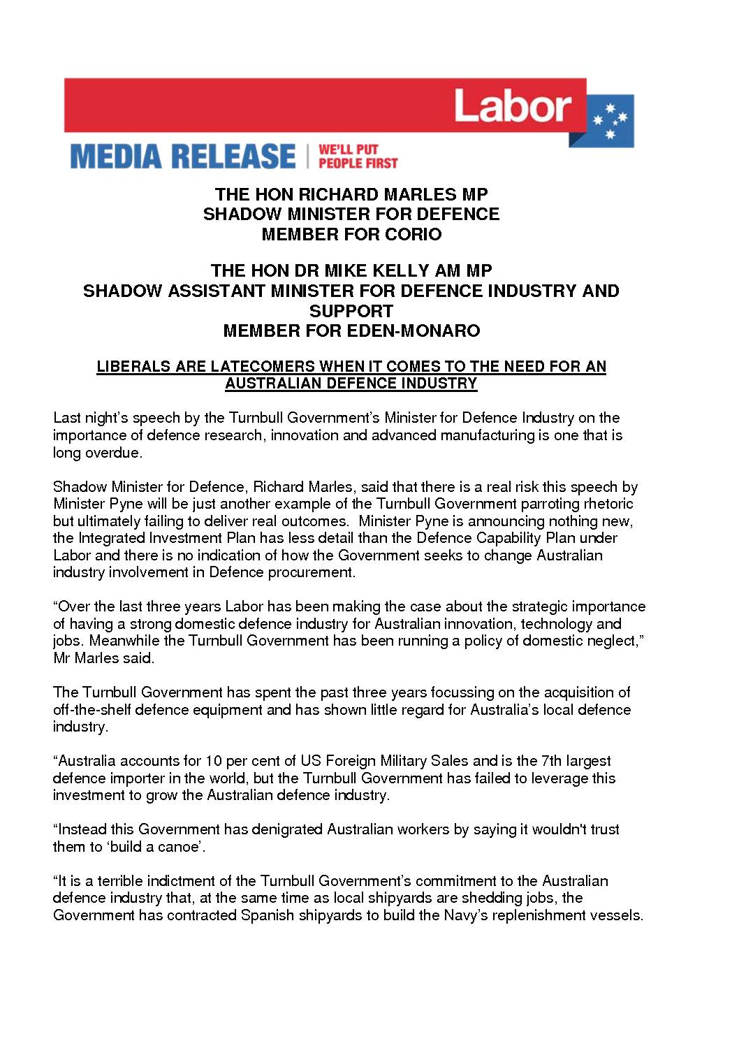16.09.08 LIBERAL LATECOMERS WHEN IT COMES TO THE NEED FOR AN AUSTRALIAN DEFENCE INDUSTRY