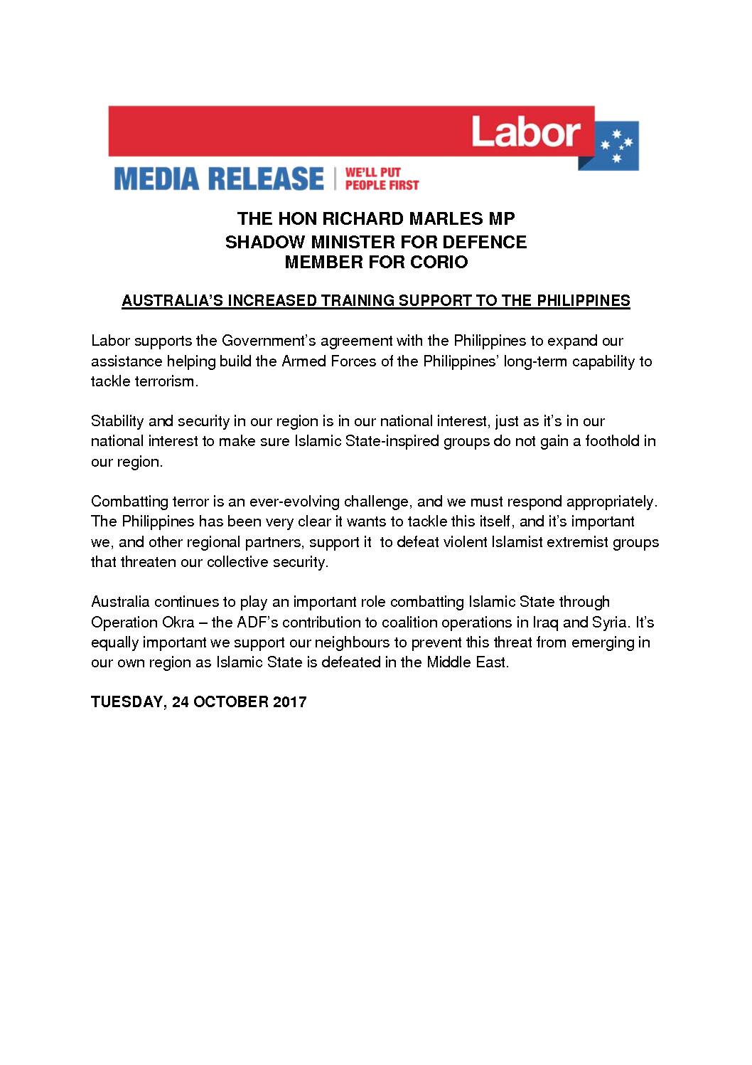 17.10.24 AUSTRALIA’S INCREASED TRAINING SUPPORT TO THE PHILIPPINES