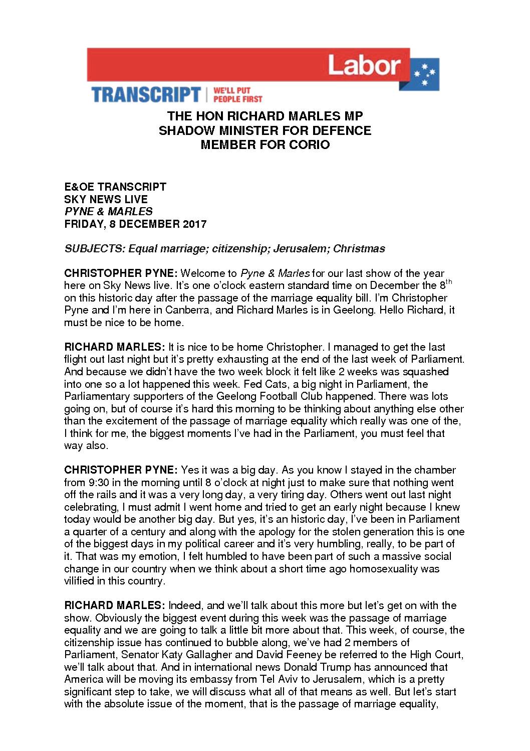 17.12.08 SKY NEWS – PYNE AND MARLES – TRANSCRIPT