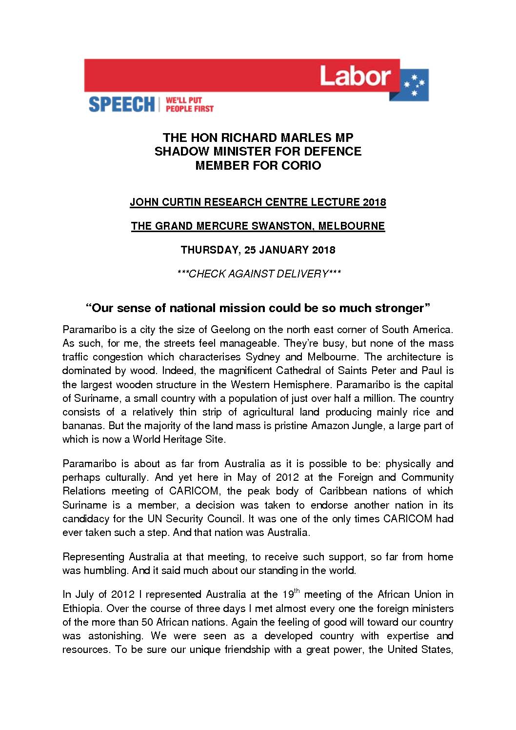 18.01.25 SPEECH TO JOHN CURTIN RESEARCH CENTRE ANNUAL LECTURE