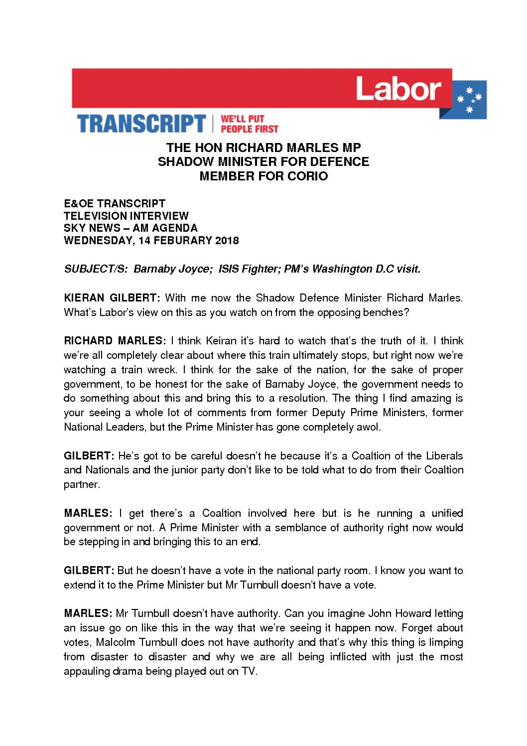 18.02.14 RICHARD MARLES – TRANSCRIPT – SKY NEWS – AM AGENDA