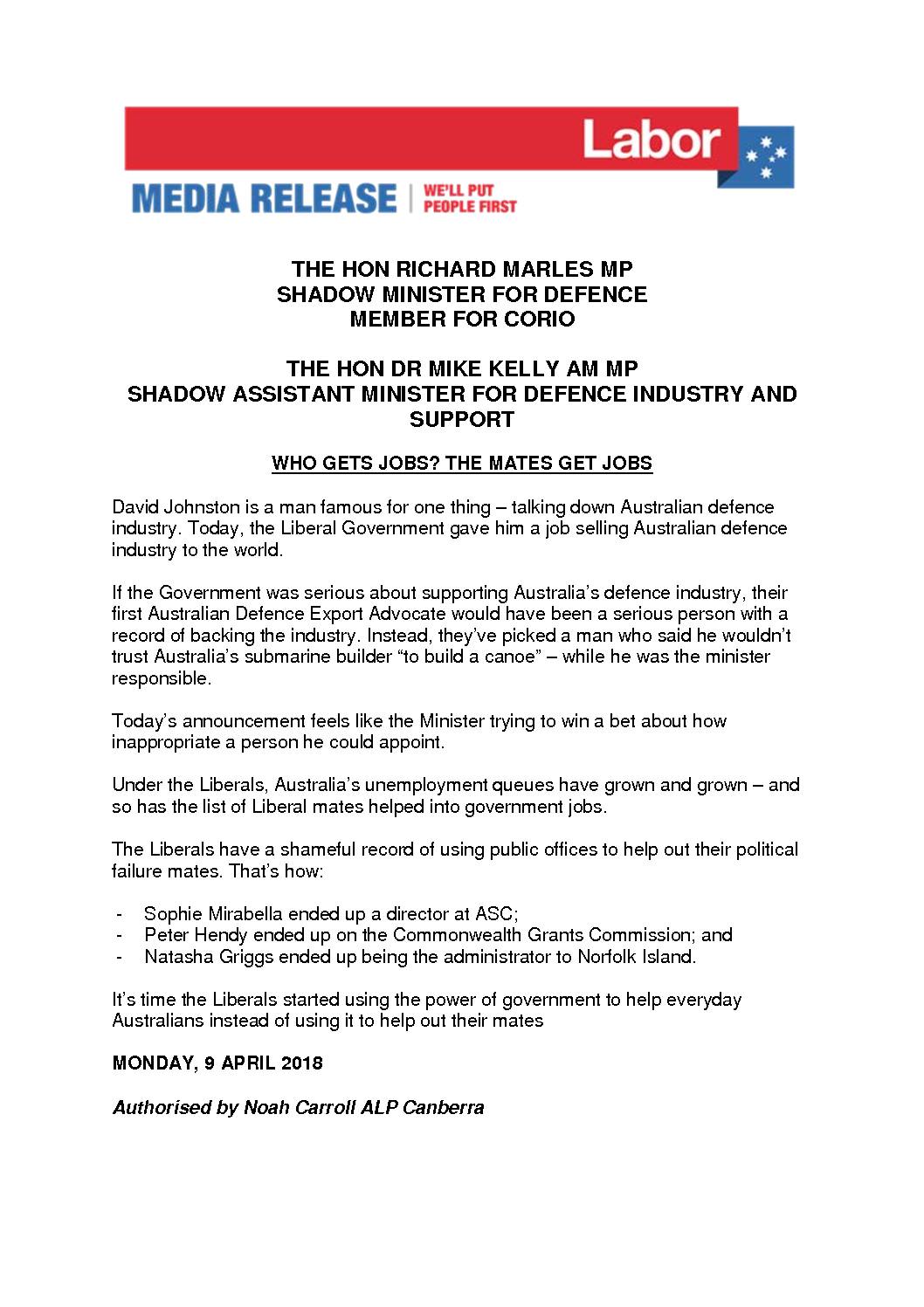 18.04.09 MEDIA RELEASE – WHO GETS THE JOBS