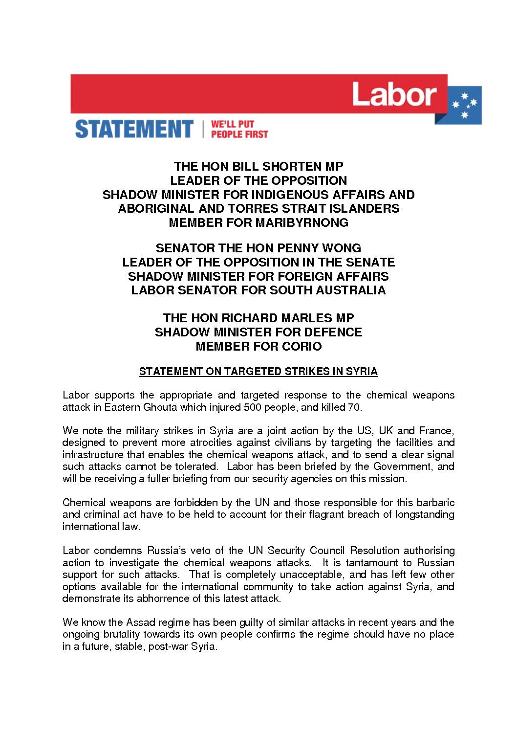 18.04.14 STATEMENT – TARGETED STRIKES IN SYRIA