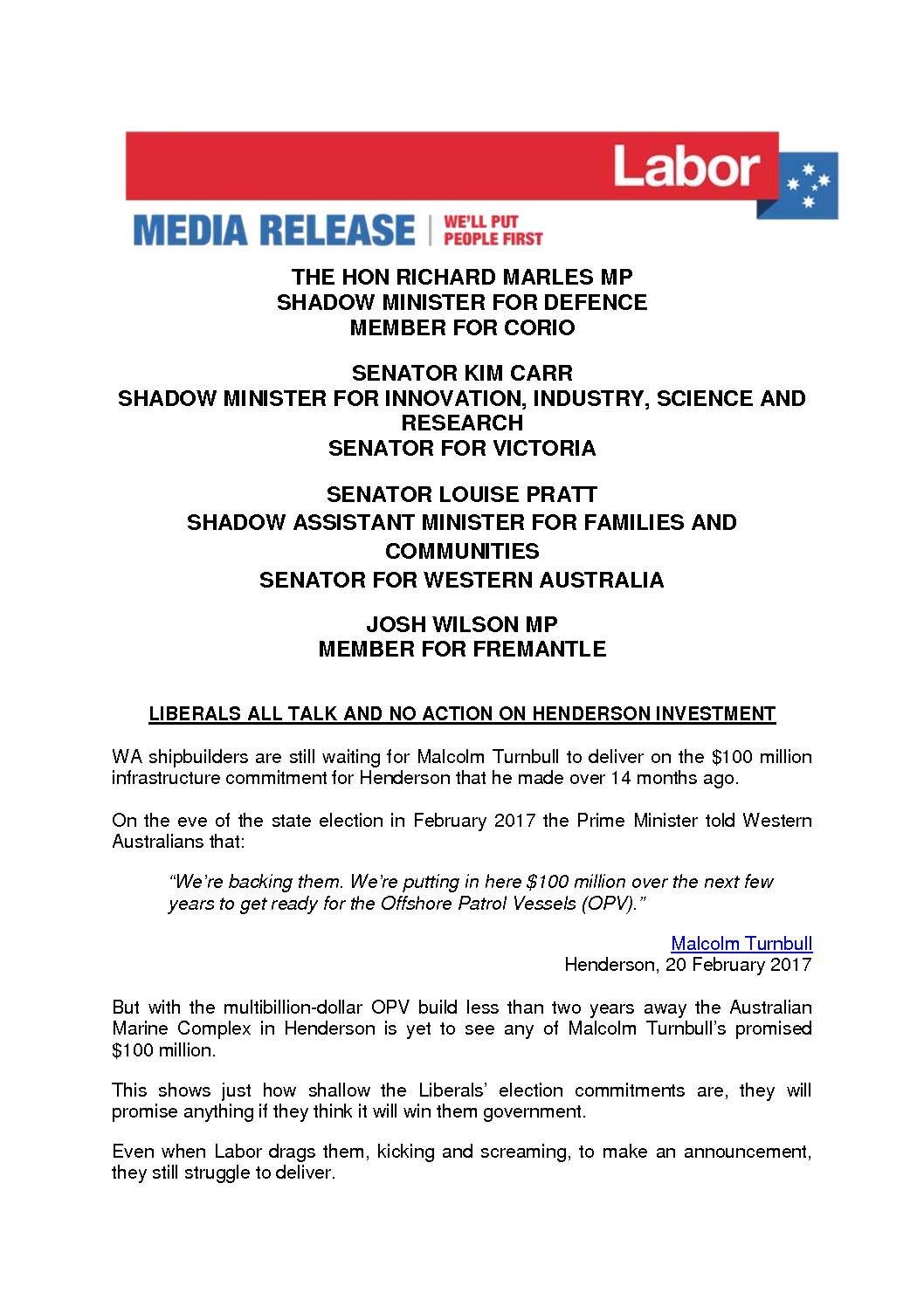 18.04.18 MEDIA RELEASE – LIBERALS ALL TALK AND NO ACTION ON HENDERSON INVESTMENT