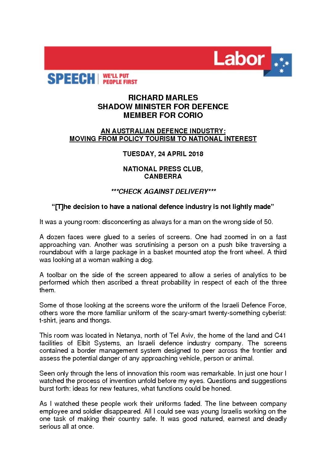 18.04.24 SPEECH TO NATIONAL PRESS CLUB_AN AUST DEFENCE INDUSTRY