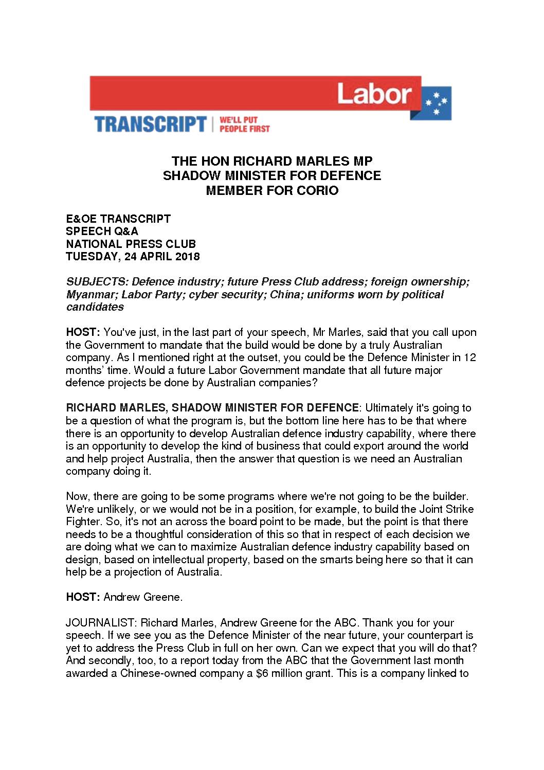 18.04.24 TRANSCRIPT – NATIONAL PRESS CLUB Q&A