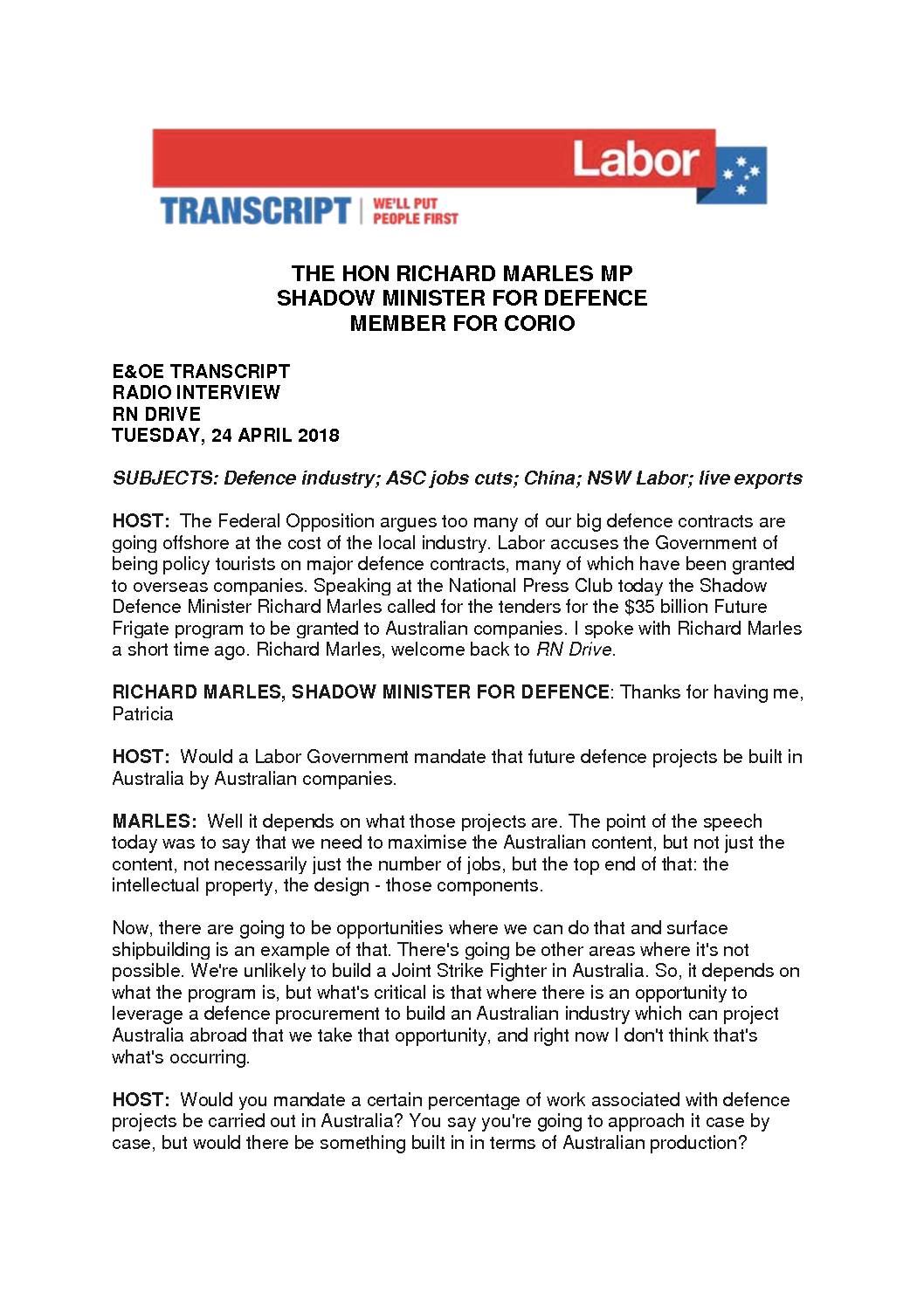 18.04.24 TRANSCRIPT RADIO INTERVIEW RN DRIVE
