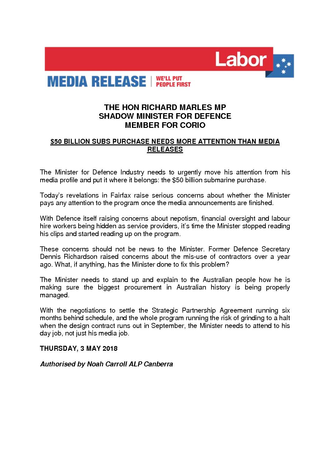 18.05.03 MEDIA RELEASE – SUBS PURCHASE NEEDS MORE ATTENTION