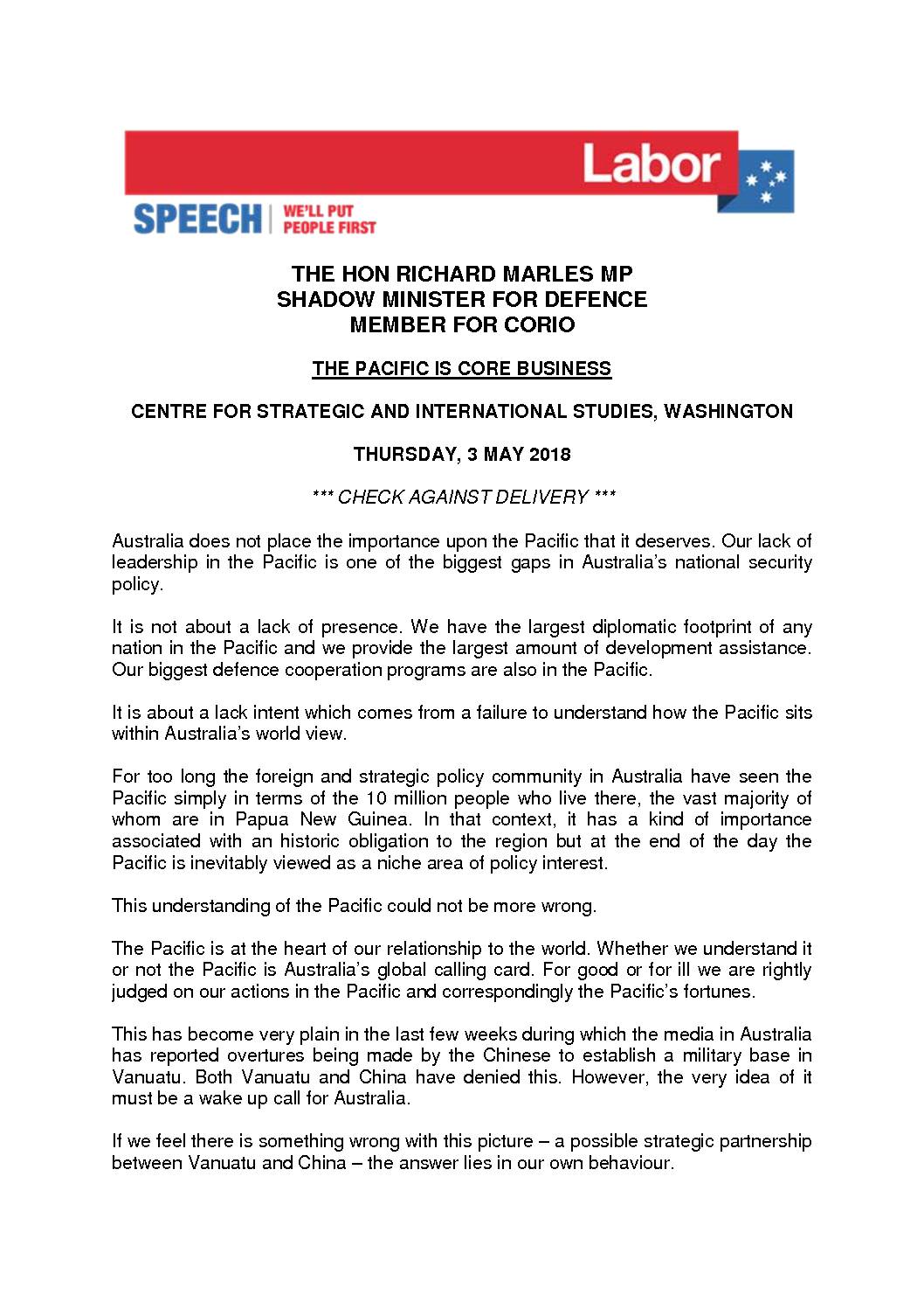 18.05.03 SPEECH – THE PACIFIC IS CORE BUSINESS_CSIS