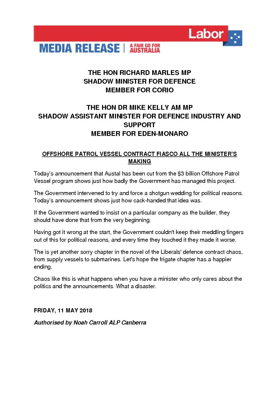 18.05.11 OFFSHORE PATROL VESSEL CONTRACT FIASCO ALL THE MINISTERS MAKING
