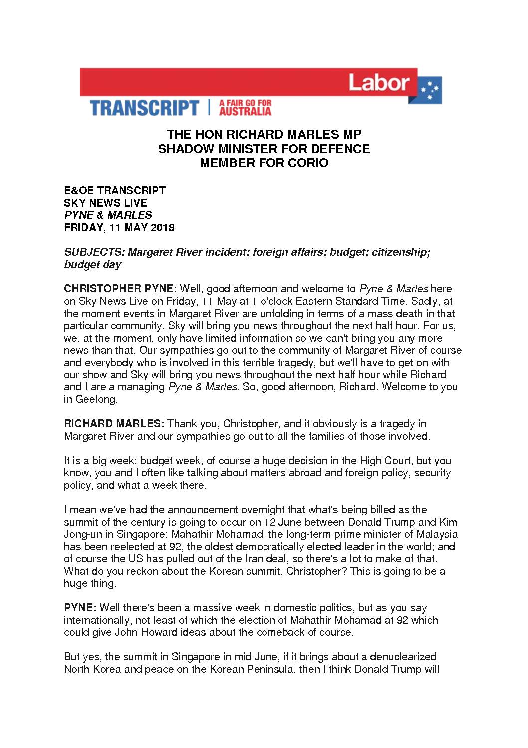 18.05.11 SKY NEWS – PYNE AND MARLES – TRANSCRIPT