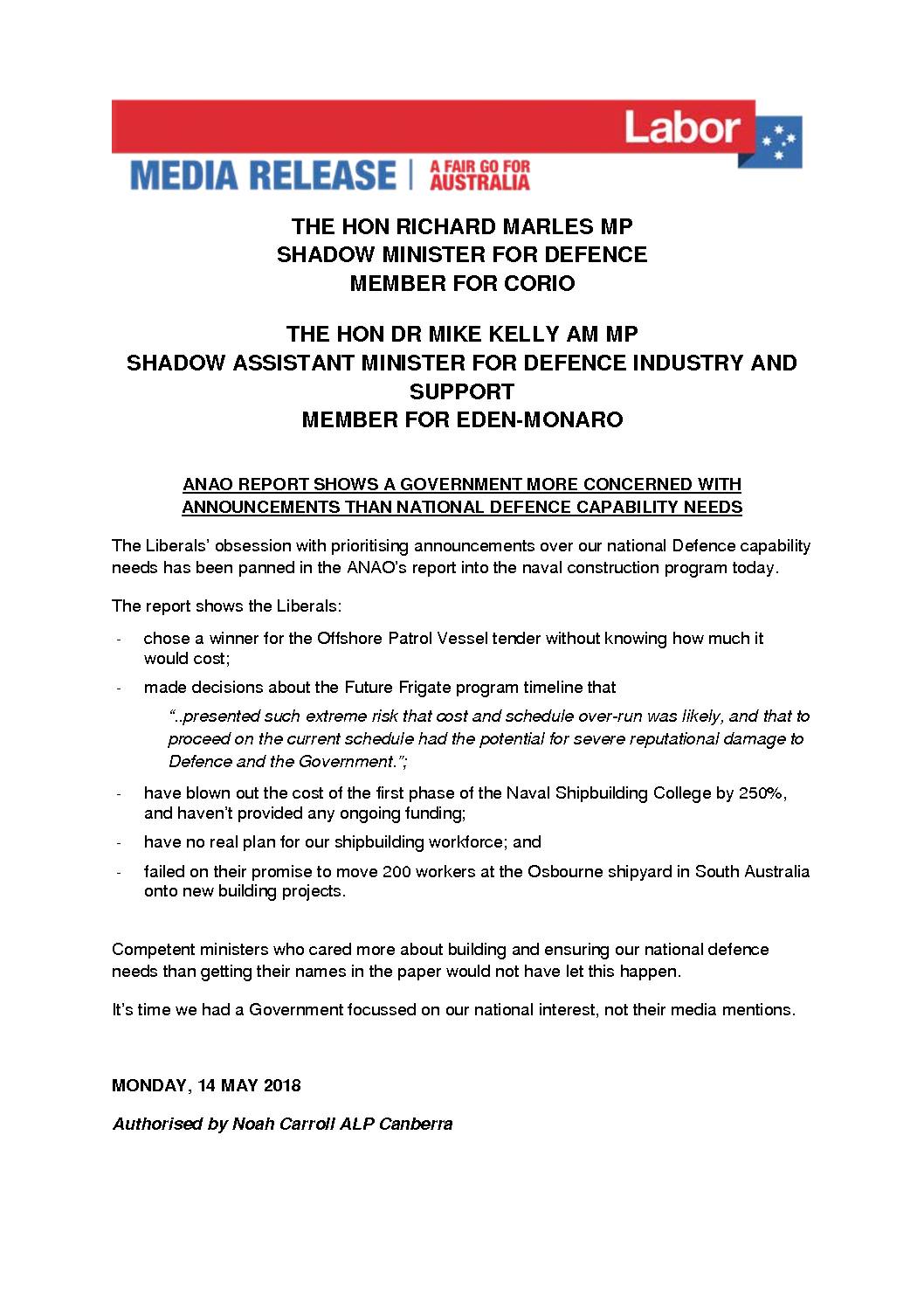 18.05.14 ANAO REPORT SHOWS A GOVERNMENT MORE CONCERNED WITH ANNOUNCEMENTS THAN NATIONAL DEFENCE CAPABILITY NEEDS