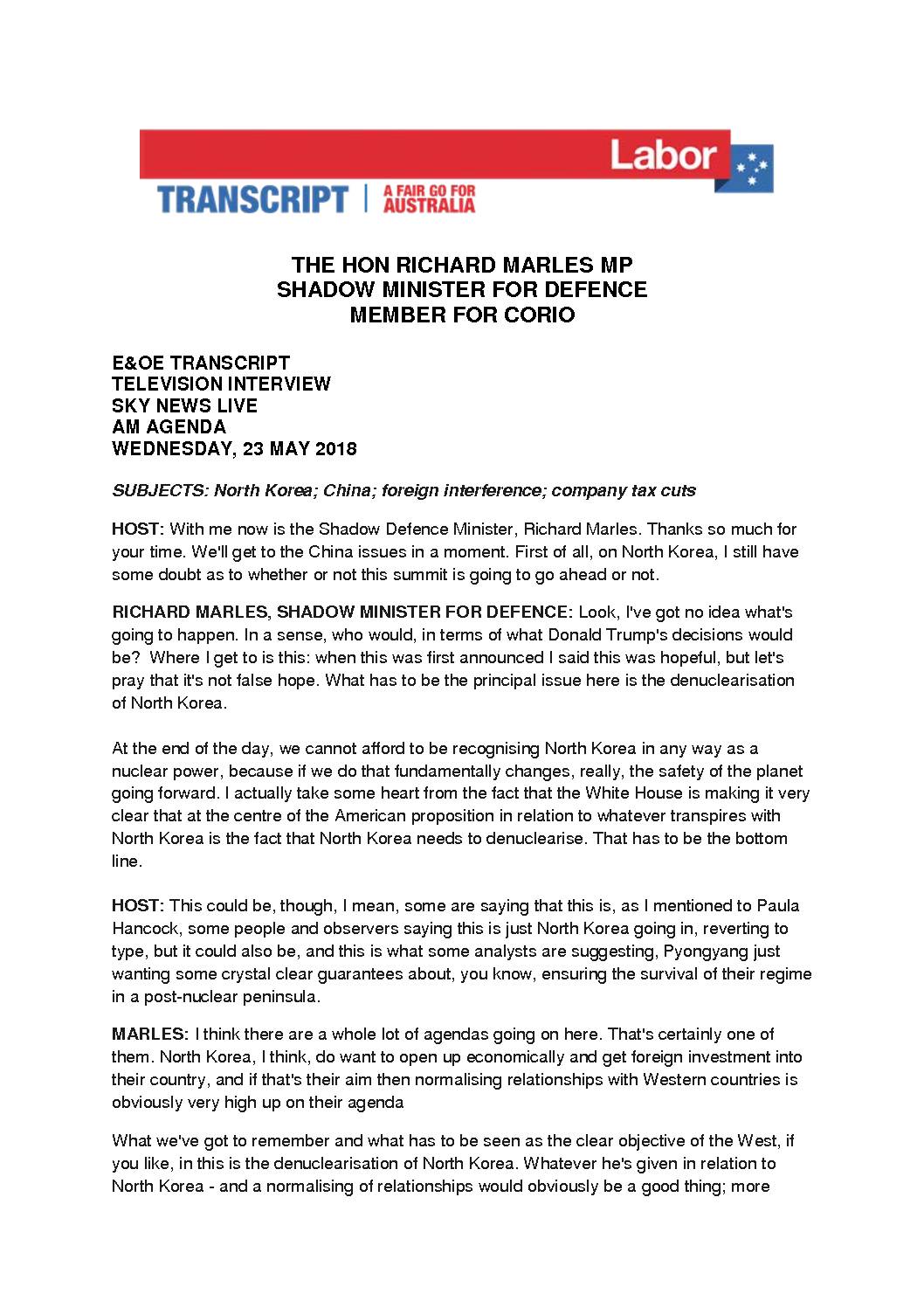 18.05.23 SKY NEWS – AM AGENDA – TRANSCRIPT