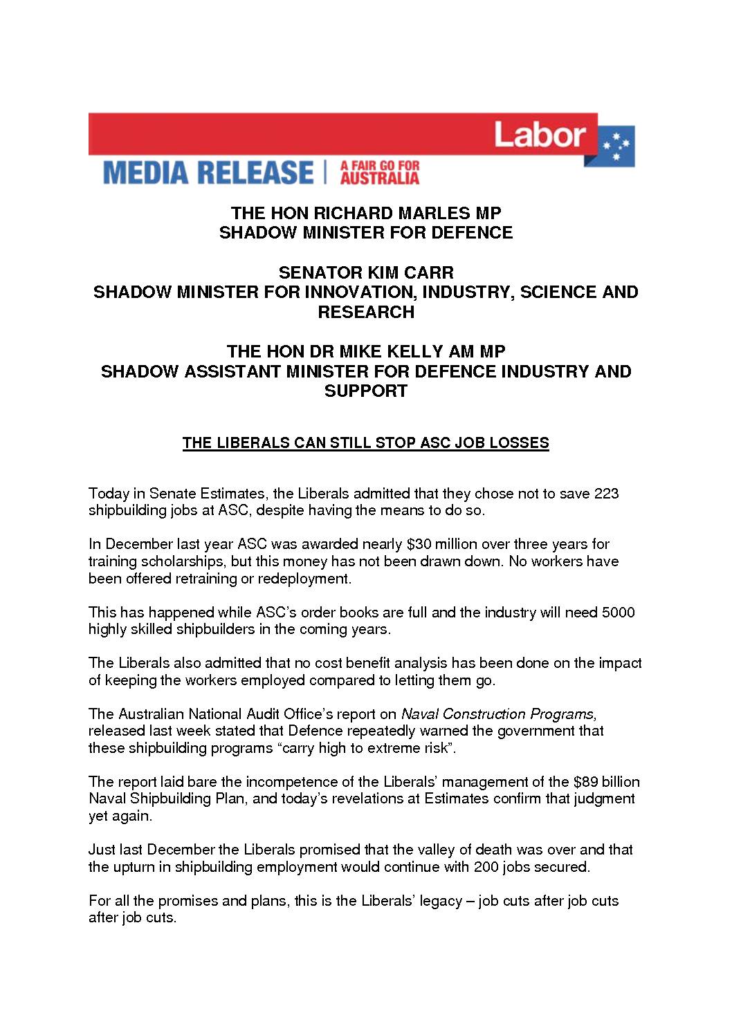 18.05.23 THE LIBERALS CAN STILL STOP ASC JOB LOSSES