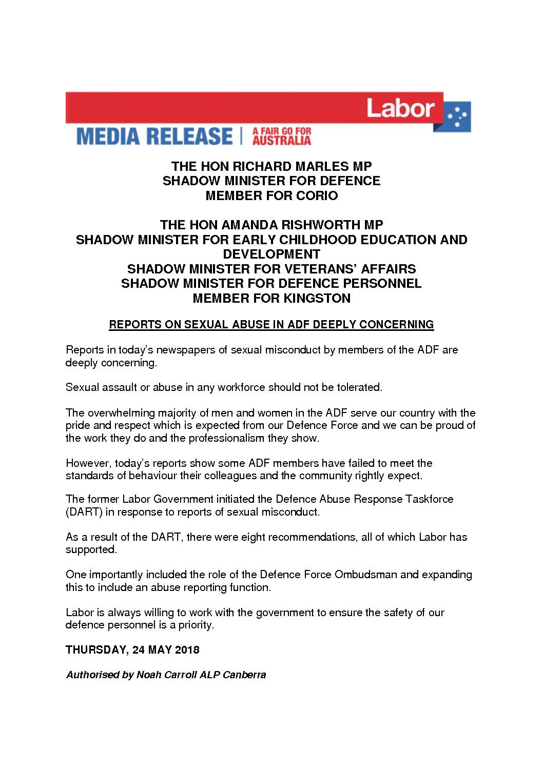 18.05.24 REPORTS ON SEXUAL ABUSE IN ADF DEEPLY CONCERNING