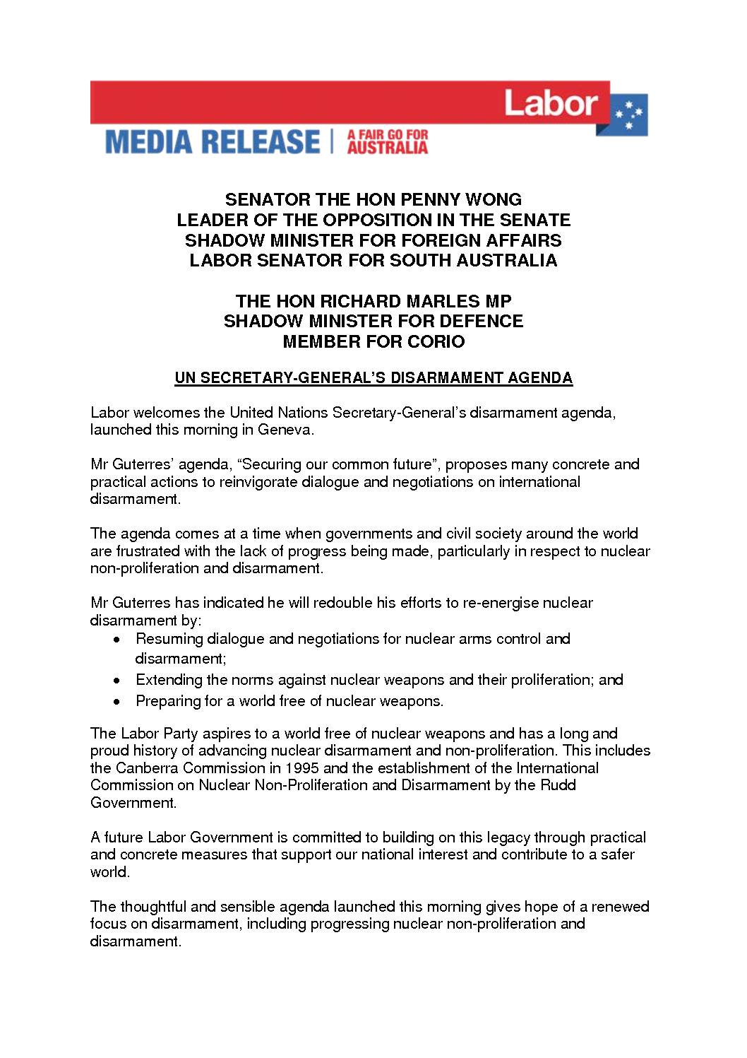 18.05.25 UN SECRETARY GENERAL’S DISARMAMENT AGENDA