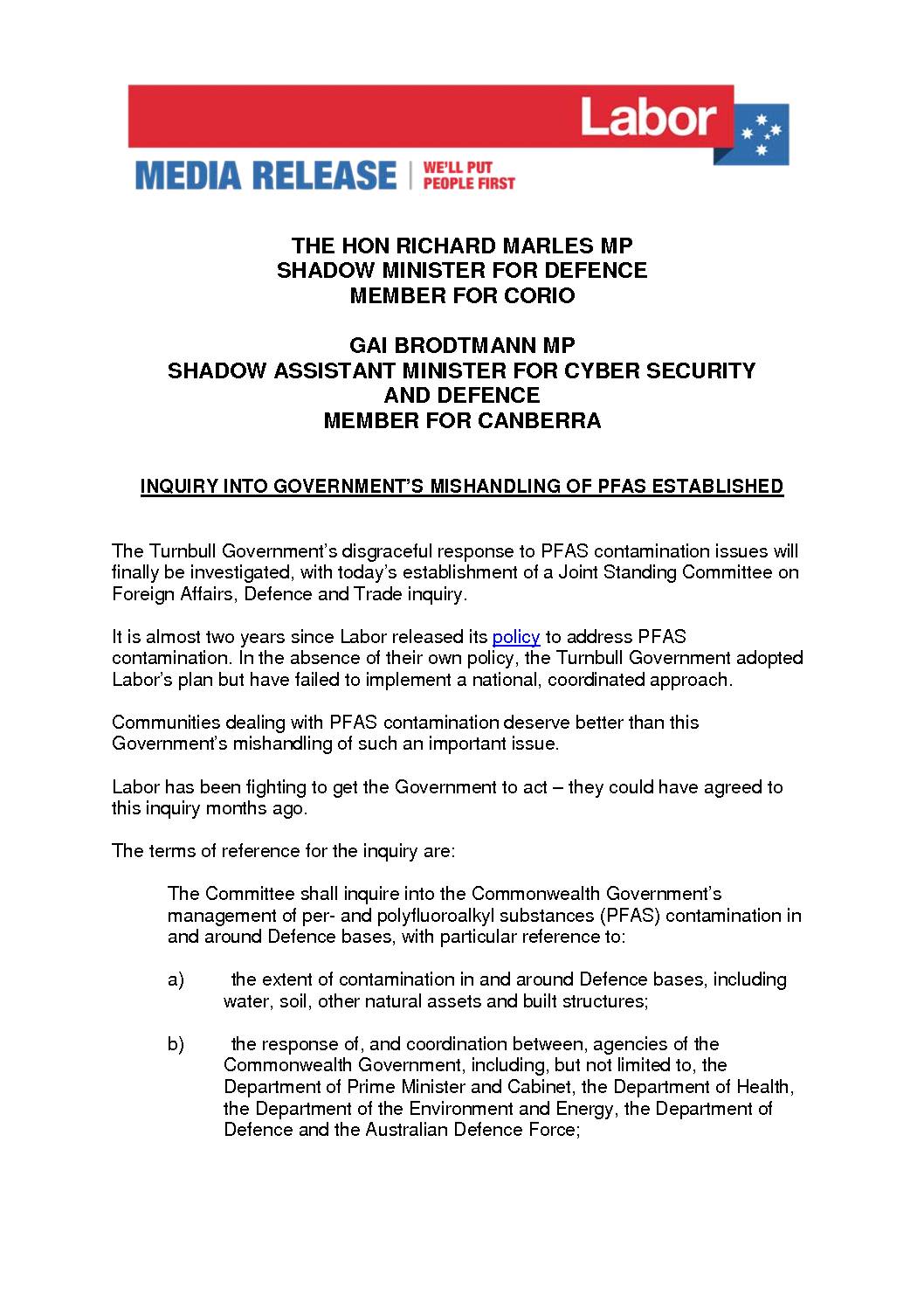 18.05.30 INQUIRY INTO GOVERNMENT’S MISHANDLING OF PFAS ESTABLISHED