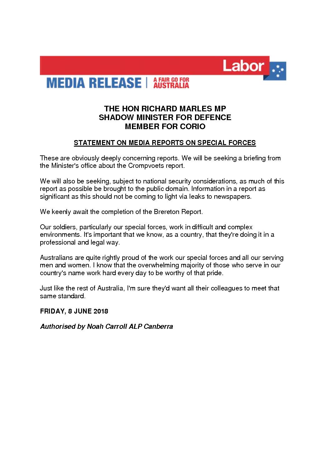 18.06.08 STATEMENT ON MEDIA REPORTS ON SPECIAL FORCES