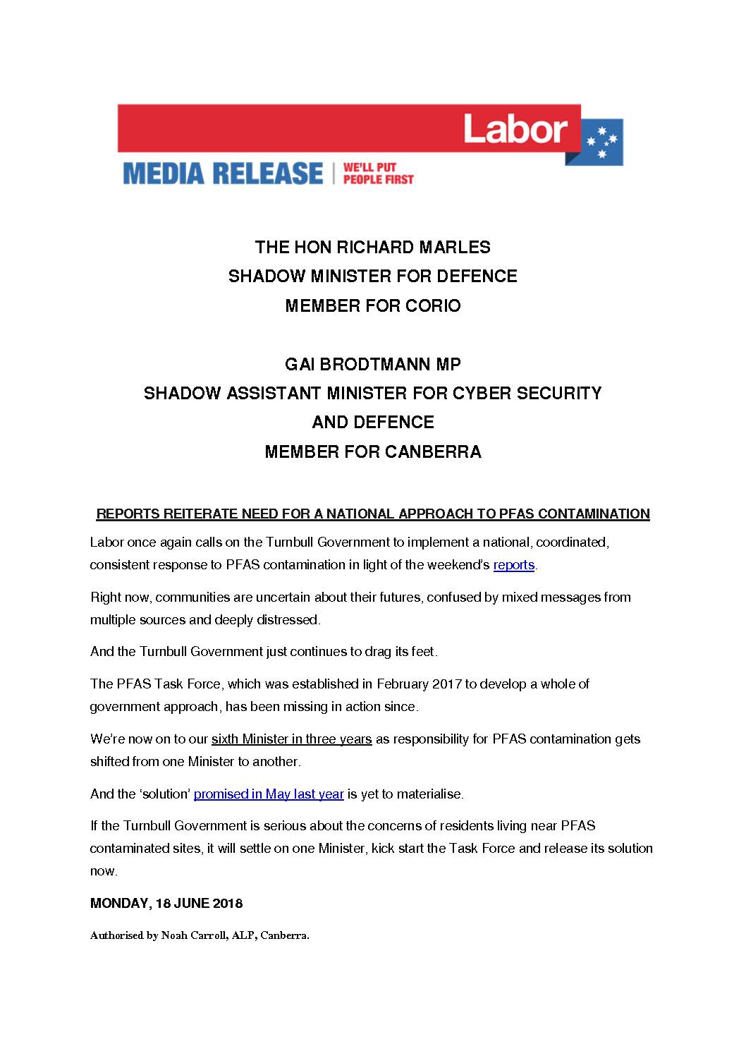 18.06.18 REPORTS REITERATE NEED FOR A NATIONAL APPROACH TO PFAS CONTAMINATION