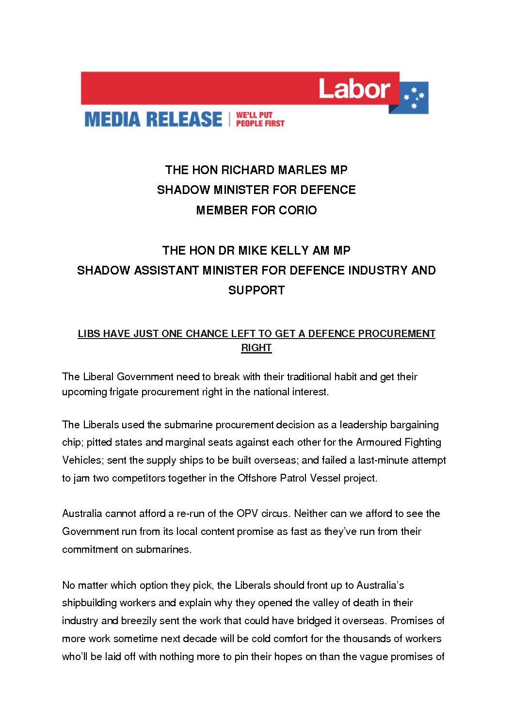 18.06.21 LIBS HAVE JUST ONE CHANCE LEFT TO GET A DEFENCE PROCUREMENT RIGHT