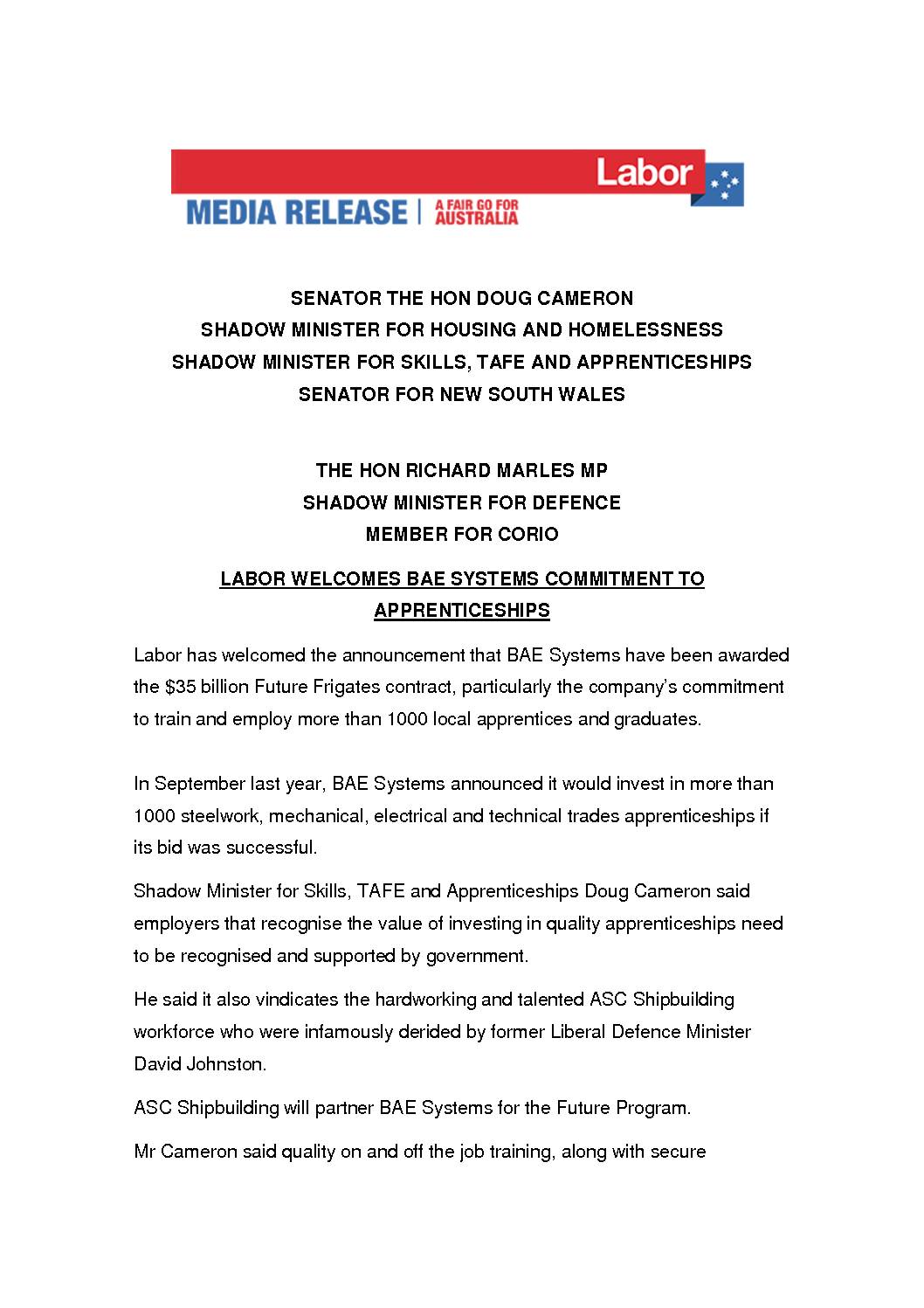 18.06.30 LABOR WELCOMES BAE SYSTEMS COMMITMENT TO APPRENTICESHIPS