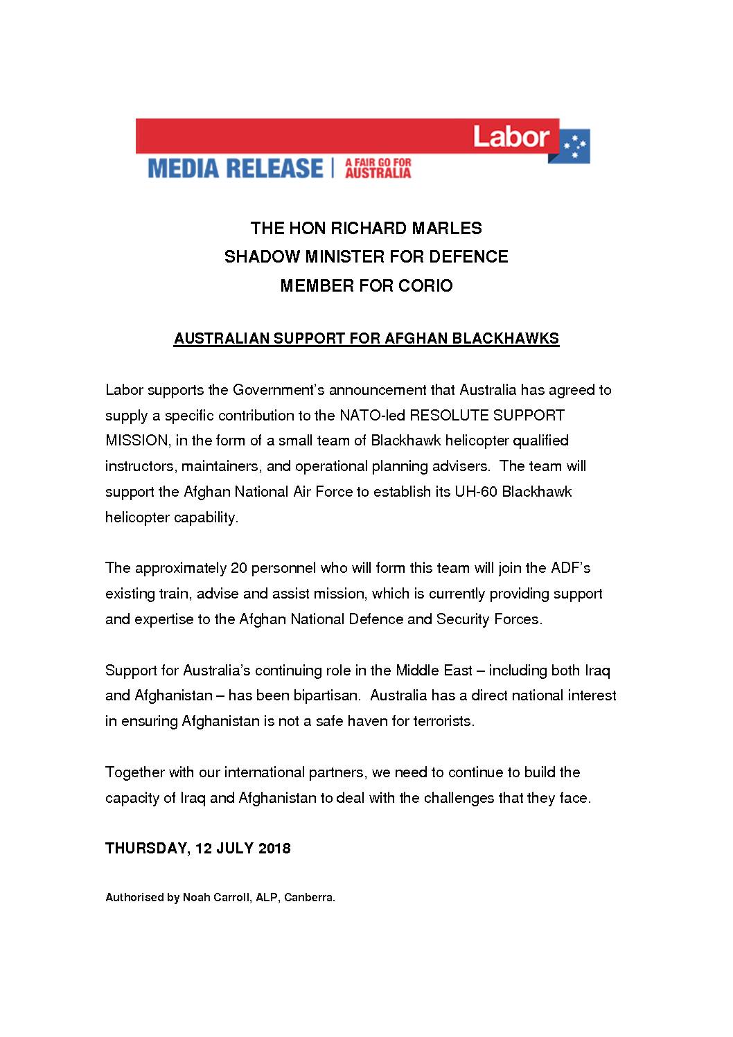 18.07.12 AUSTRALIAN SUPPORT FOR AFGHAN BLACKHAWKS