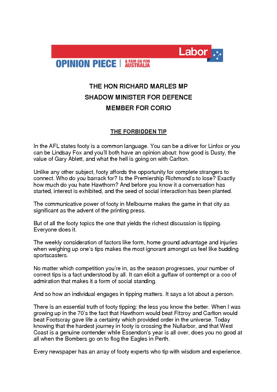 18.08.13 THE FORBIDDEN TIP – OPINION PIECE