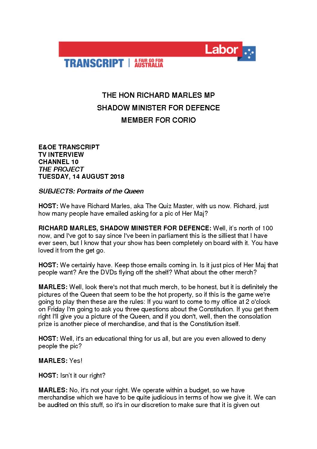 18.08.14 THE PROJECT – TRANSCRIPT