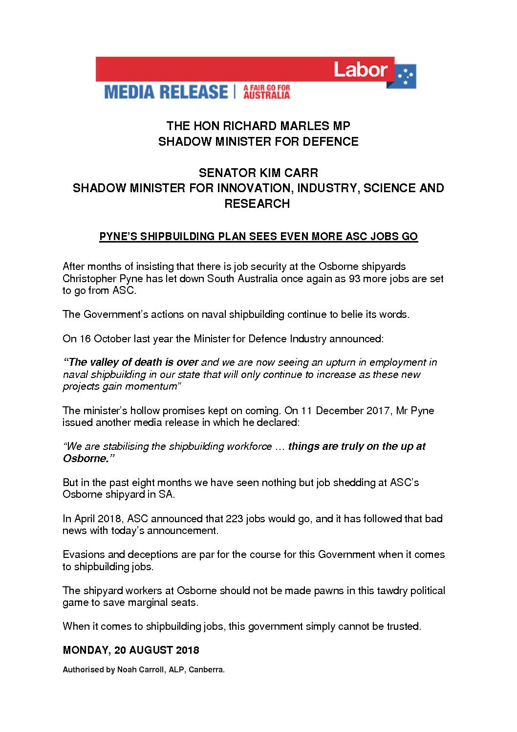 18.08.20 PYNE’S SHIPBUILDING PLAN SEES EVEN MORE ASC JOBS GO