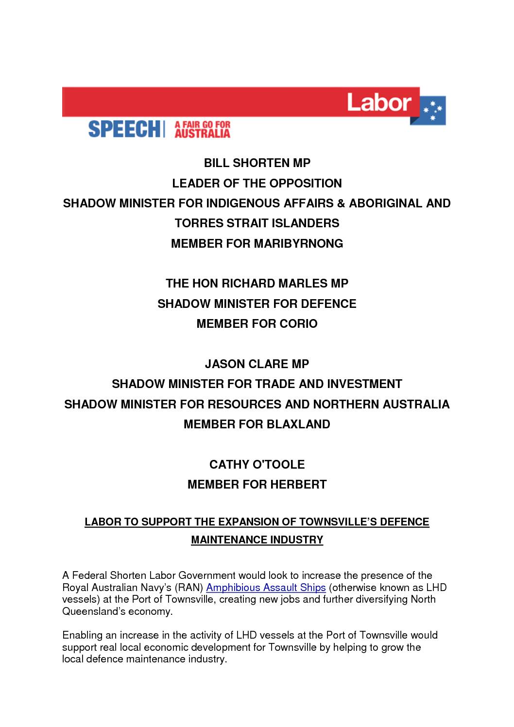 18.09.05 EXPANSION OF TOWNSVILLE’S DEFENCE MAINTENANCE INDUSTRY