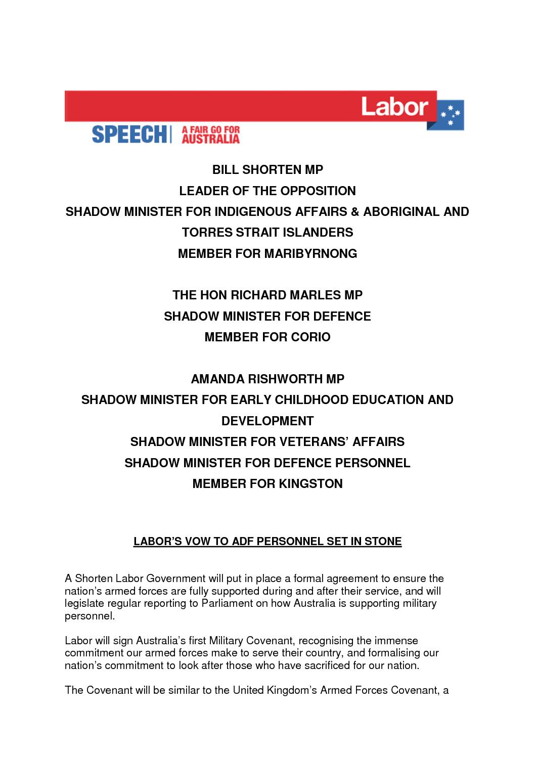 18.09.05 LABOR’S VOW TO ADF PERSONNEL SET IN STONE