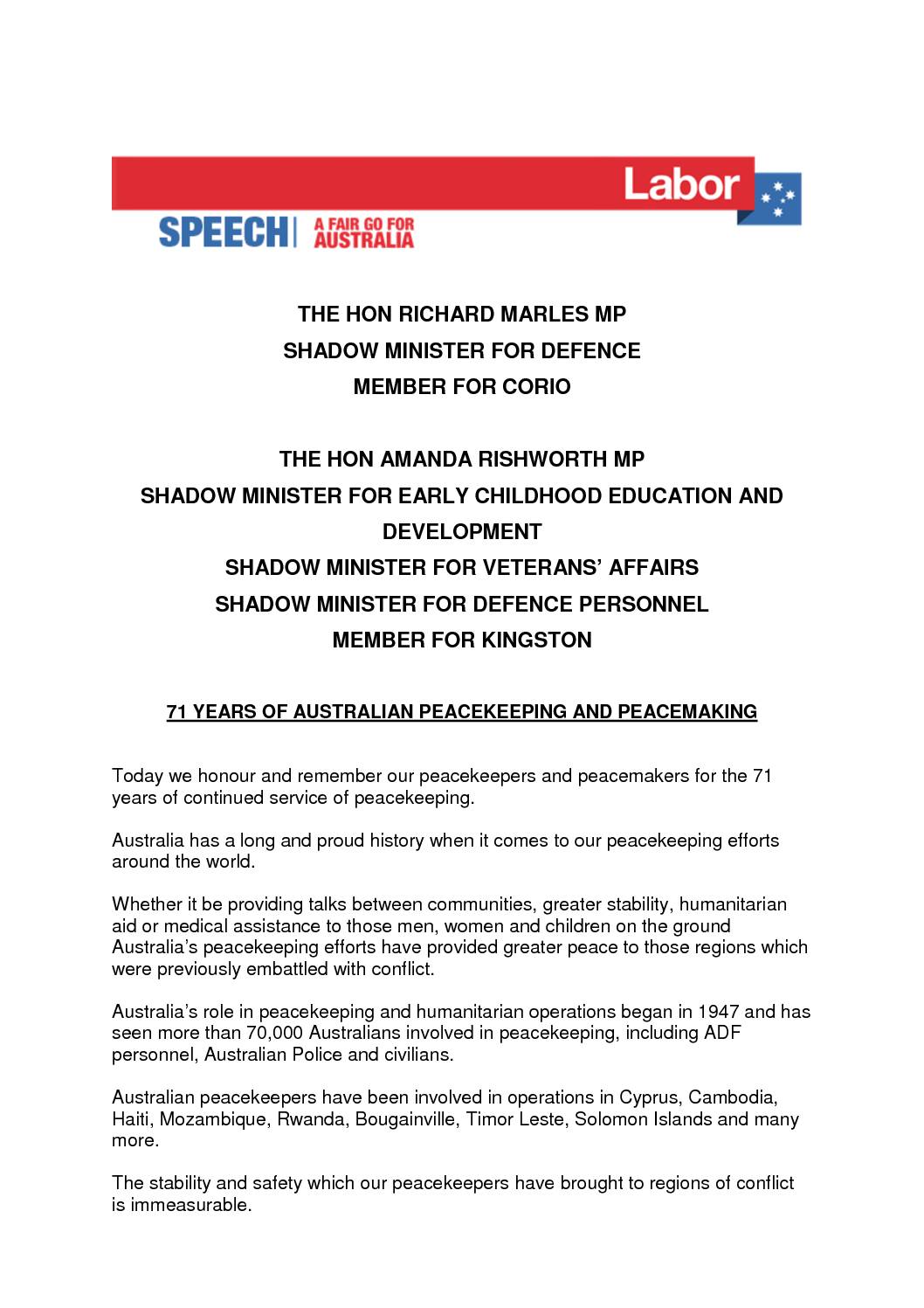 18.09.14 71 YEARS OF AUST PEACEKEEPING AND PEACEMAKING