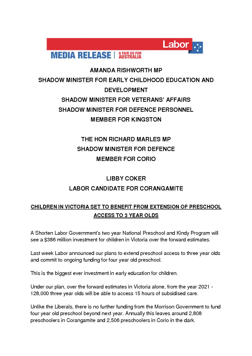 18.10.09 CHILDREN IN VICTORIA SET TO BENEFIT FROM EXTENSION OF PRESCHOOL ACCESS TO 3 YEAR OLDS