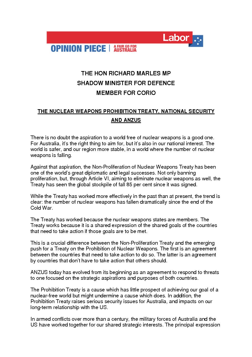 18.10.15 OPINION PIECE – THE NUCLEAR WEAPONS PROHIBITION TREATY NATIONAL SECURITY AND ANZUS