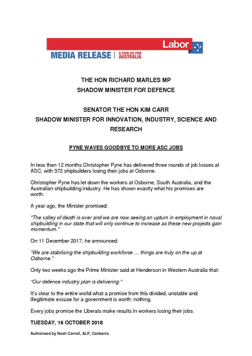 18.10.16 PYNE WAVES GOODBYE TO MORE ASC JOBS