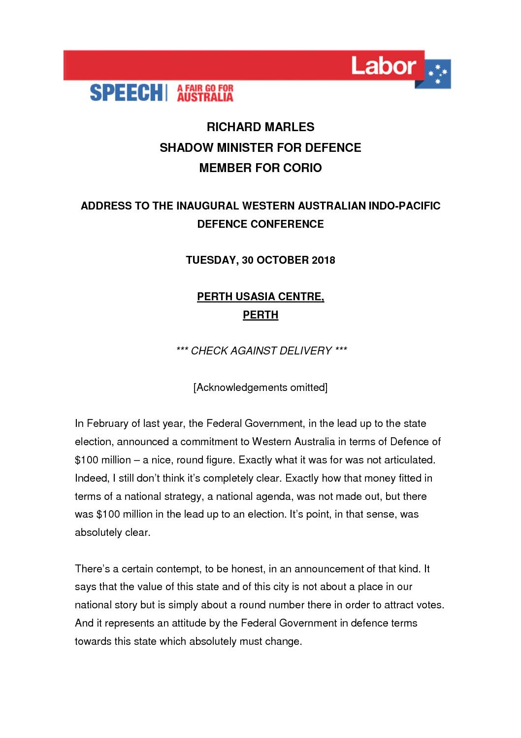 18.10.31 ADDRESS TO THE INAUGURAL WESTERN AUSTRALIAN INDO-PACIFIC DEFENCE CONFERENCE