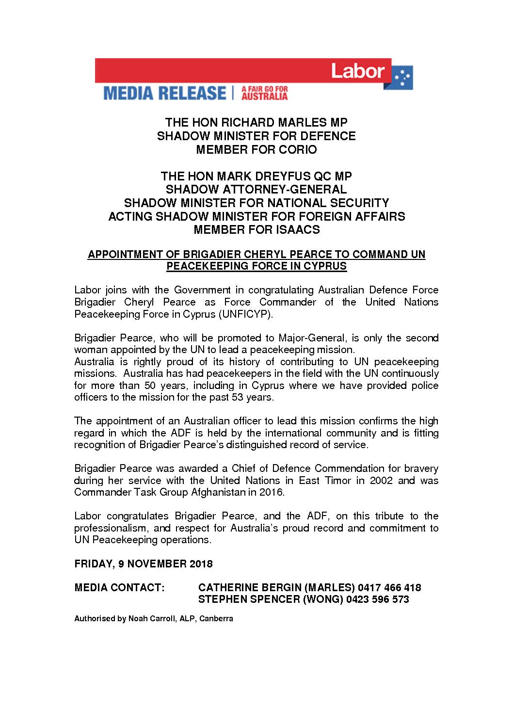 18.11.09 MEDIA RELEASE – APPT OF PEACEKEEPING FORCE IN CYPRUS