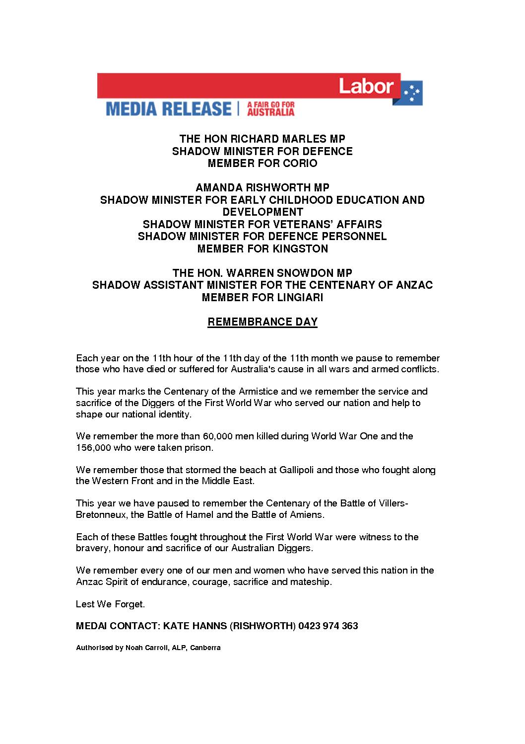 18.11.11 MEDIA RELEASE REMEMBRANCE DAY