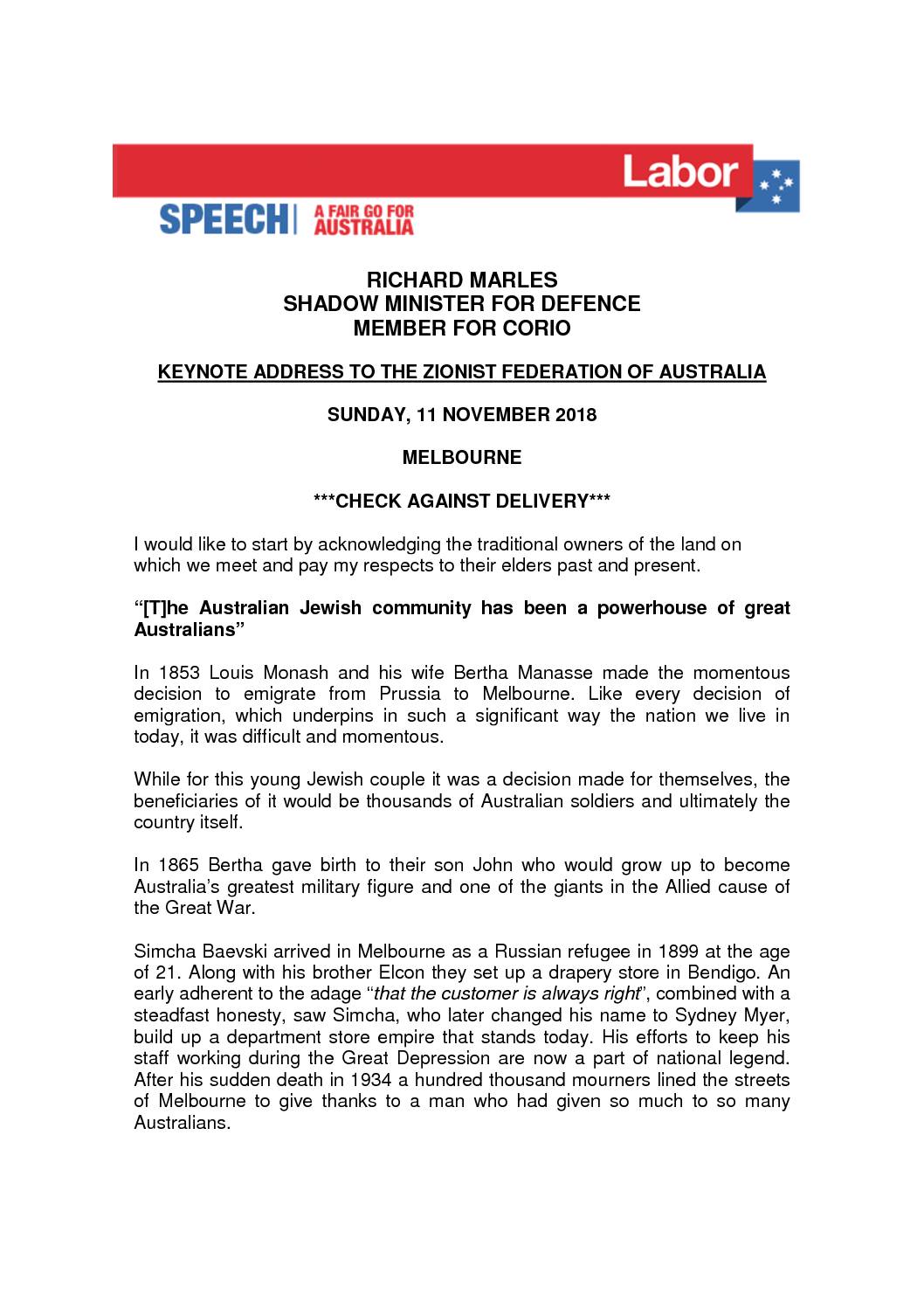 18.11.11 SPEECH KEYNOTE ADDRESS ZIONIST FEDERATION